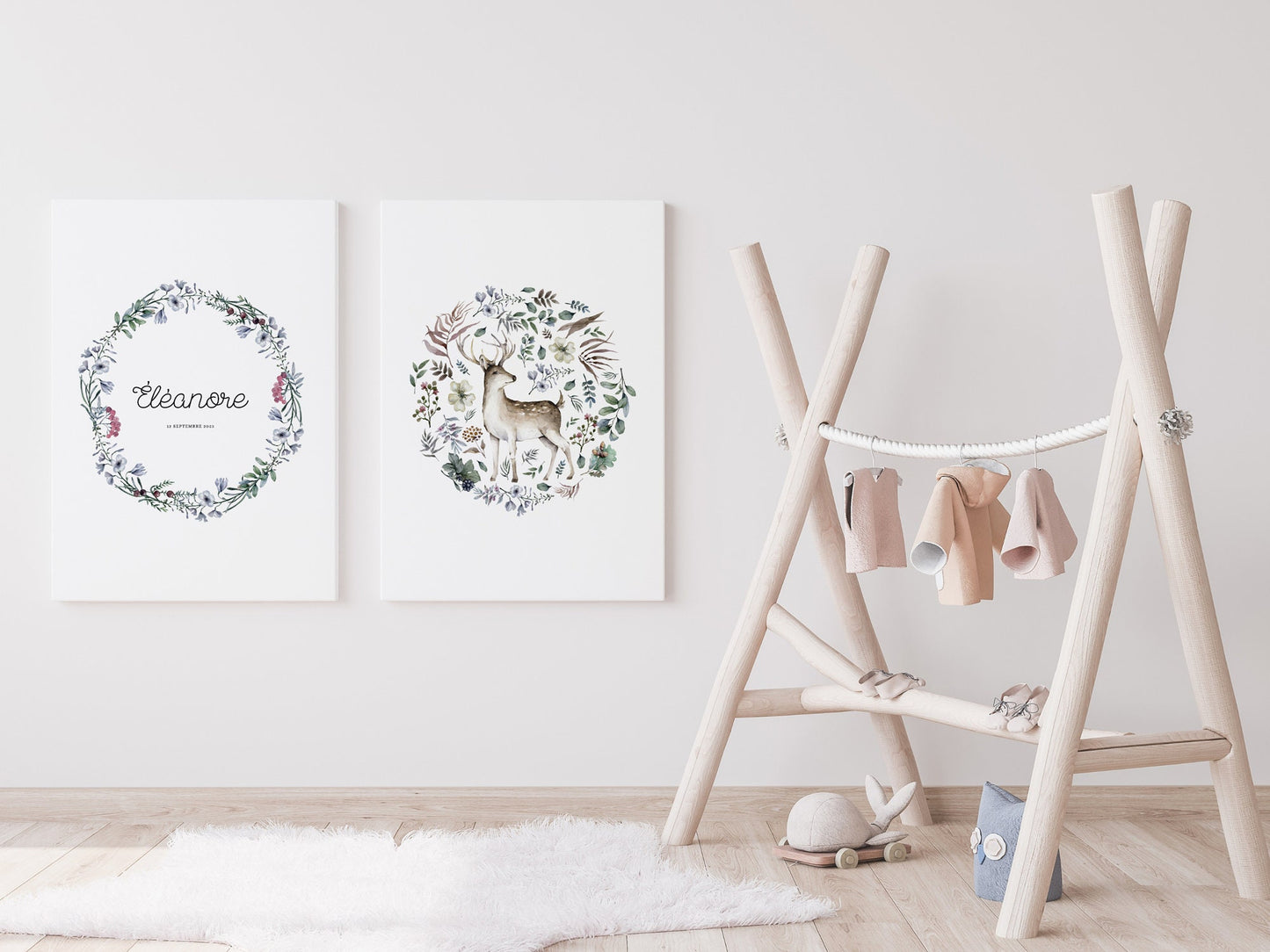 Affiche illustration forêt sur le thème de la Nature et la forêt avec fleurs et feuilles en rond style épuré pour décoration chambre bébé