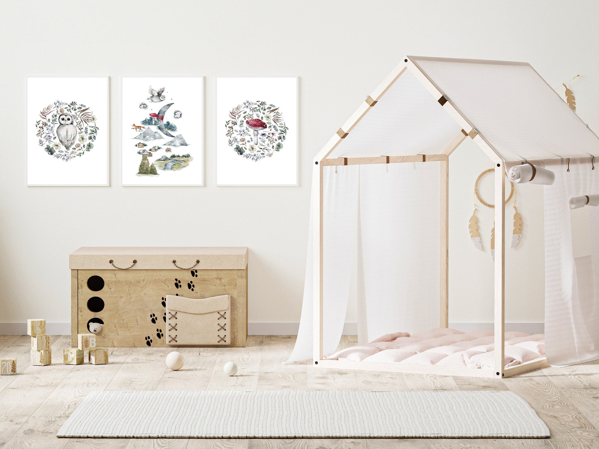 Affiche illustration forêt sur le thème de la Nature et la forêt avec fleurs et feuilles en rond style épuré pour décoration chambre bébé