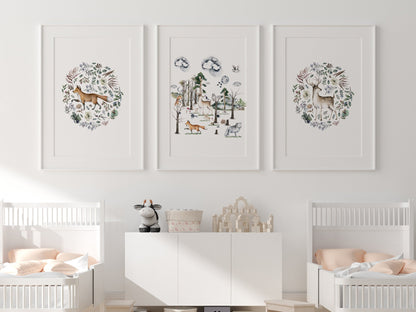 Affiche illustration forêt sur le thème de la Nature et la forêt avec fleurs et feuilles en rond style épuré pour décoration chambre bébé