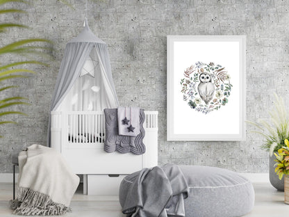 Affiche illustration forêt sur le thème de la Nature et la forêt avec fleurs et feuilles en rond style épuré pour décoration chambre bébé