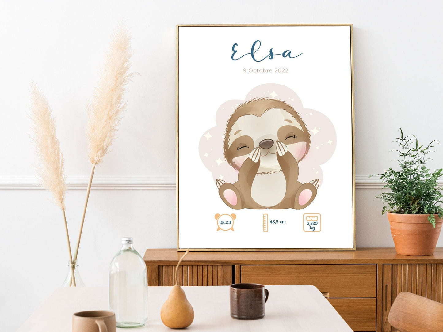 Affiche naissance personnalisée – Poster bébé « Sloth » – prénom, date, poids & taille – cadeau naissance chambre – illustration paresseux