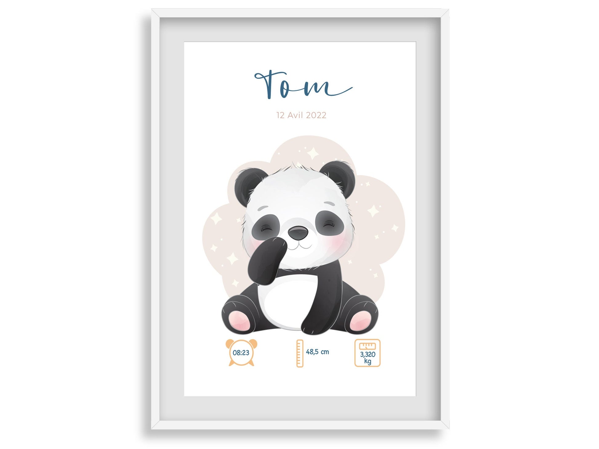 Affiche de naissance personnalisée "Panda" - Affiche bébé souvenir - Prénom, poids, taille et heure - Cadeau naissance anniversaire bebe
