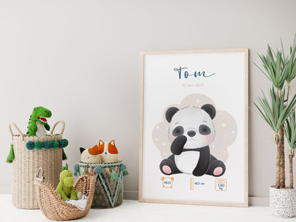 Affiche de naissance personnalisée "Panda" - Affiche bébé souvenir - Prénom, poids, taille et heure - Cadeau naissance anniversaire bebe