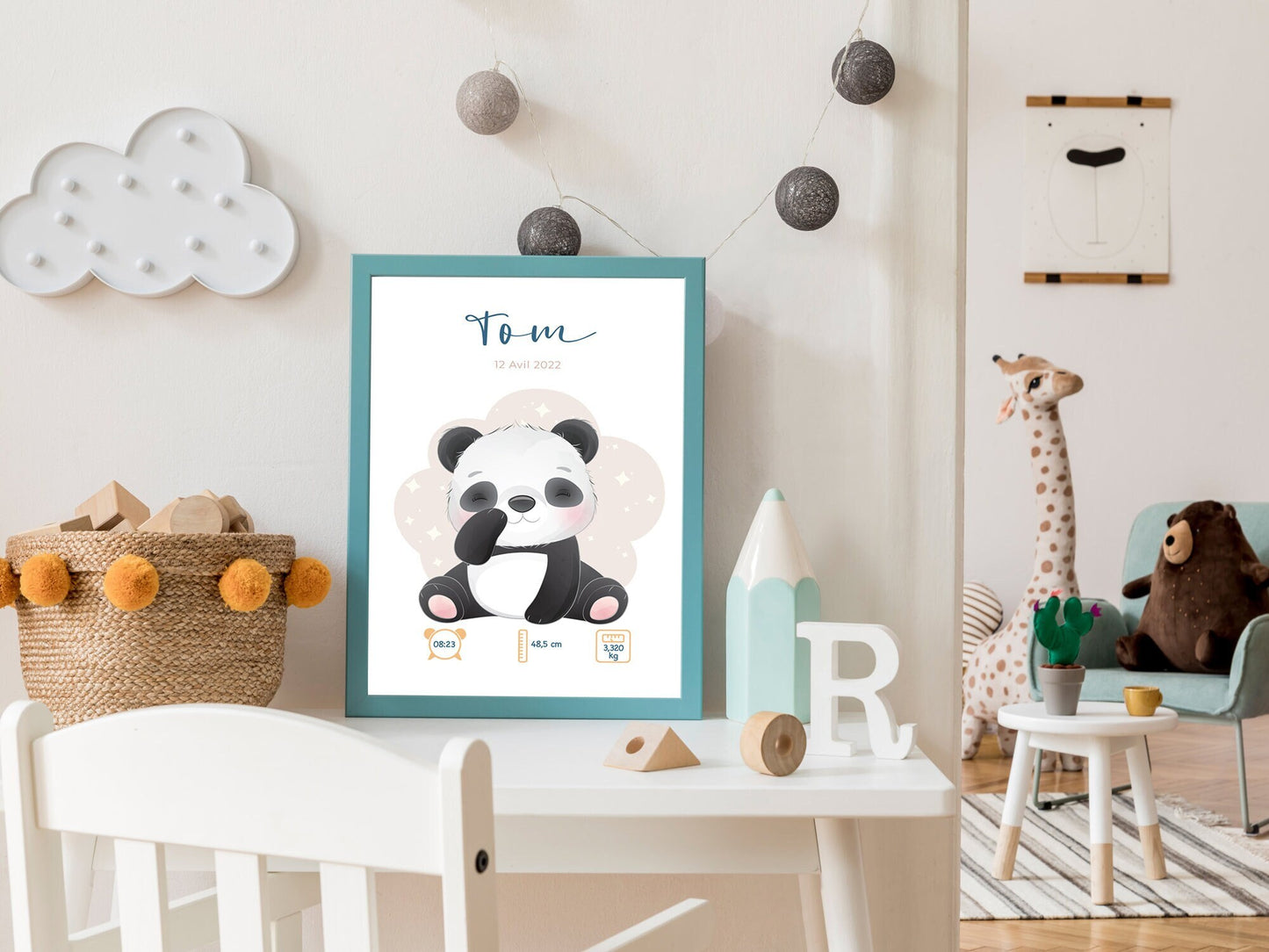 Affiche de naissance personnalisée "Panda" - Affiche bébé souvenir - Prénom, poids, taille et heure - Cadeau naissance anniversaire bebe