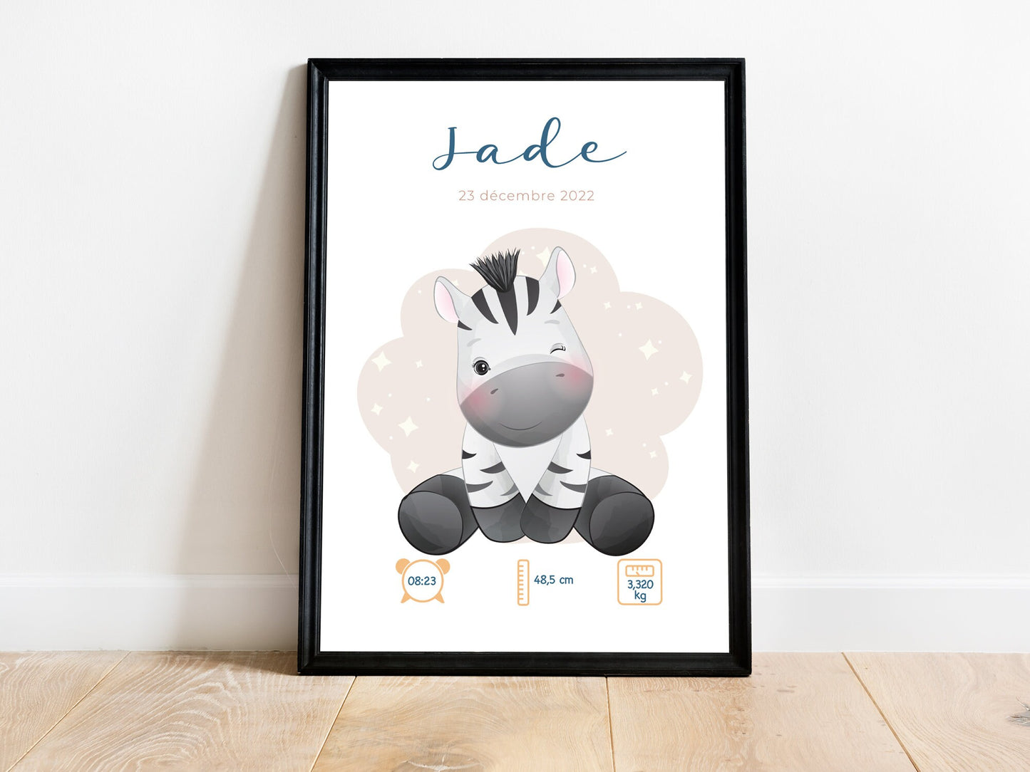 Affiche de naissance personnalisée "Zèbre" - Affiche bébé souvenir - Prénom, poids, taille et heure - Cadeau naissance anniversaire bebe