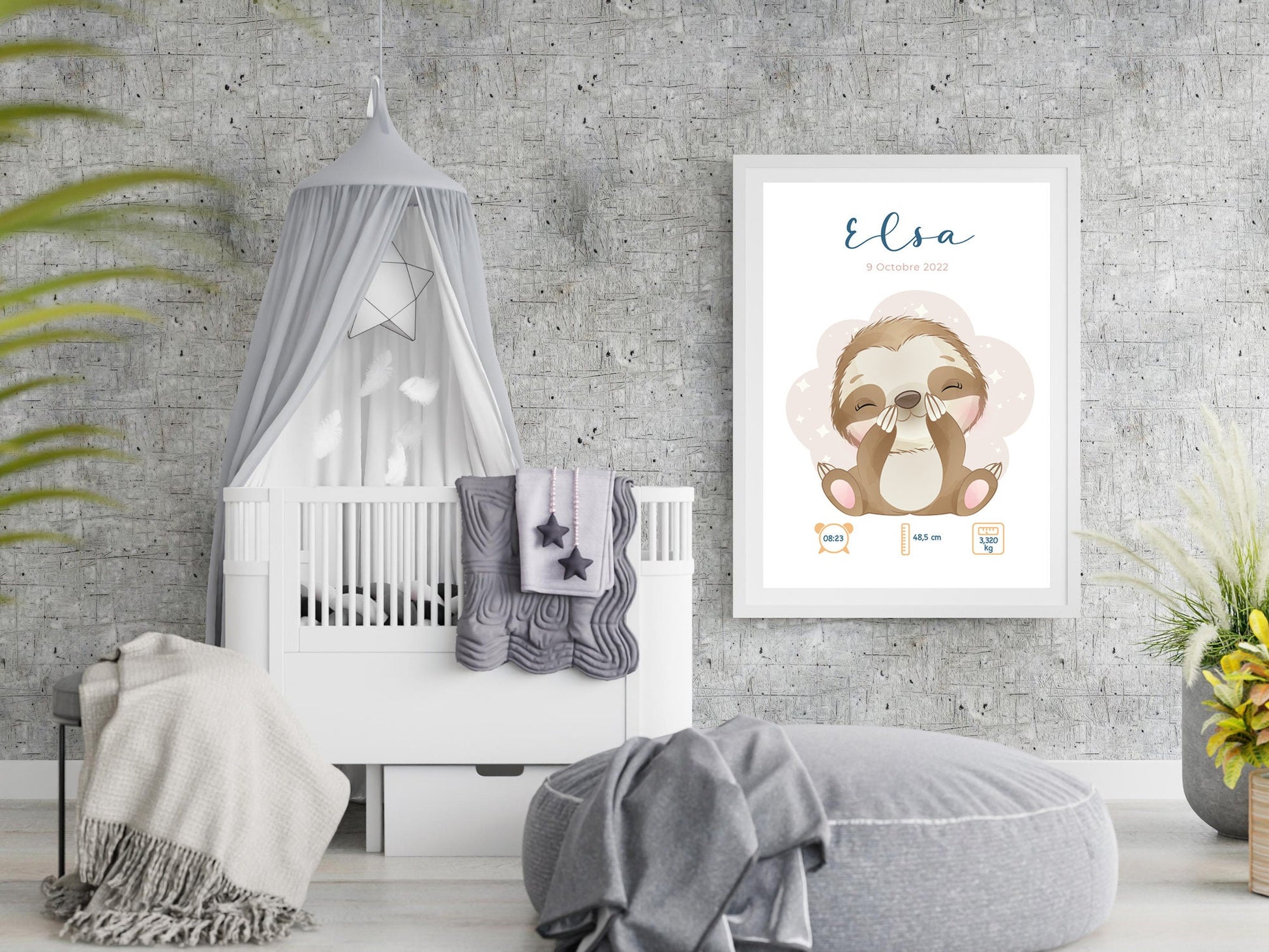 Affiche naissance personnalisée – Poster bébé « Sloth » – prénom, date, poids & taille – cadeau naissance chambre – illustration paresseux