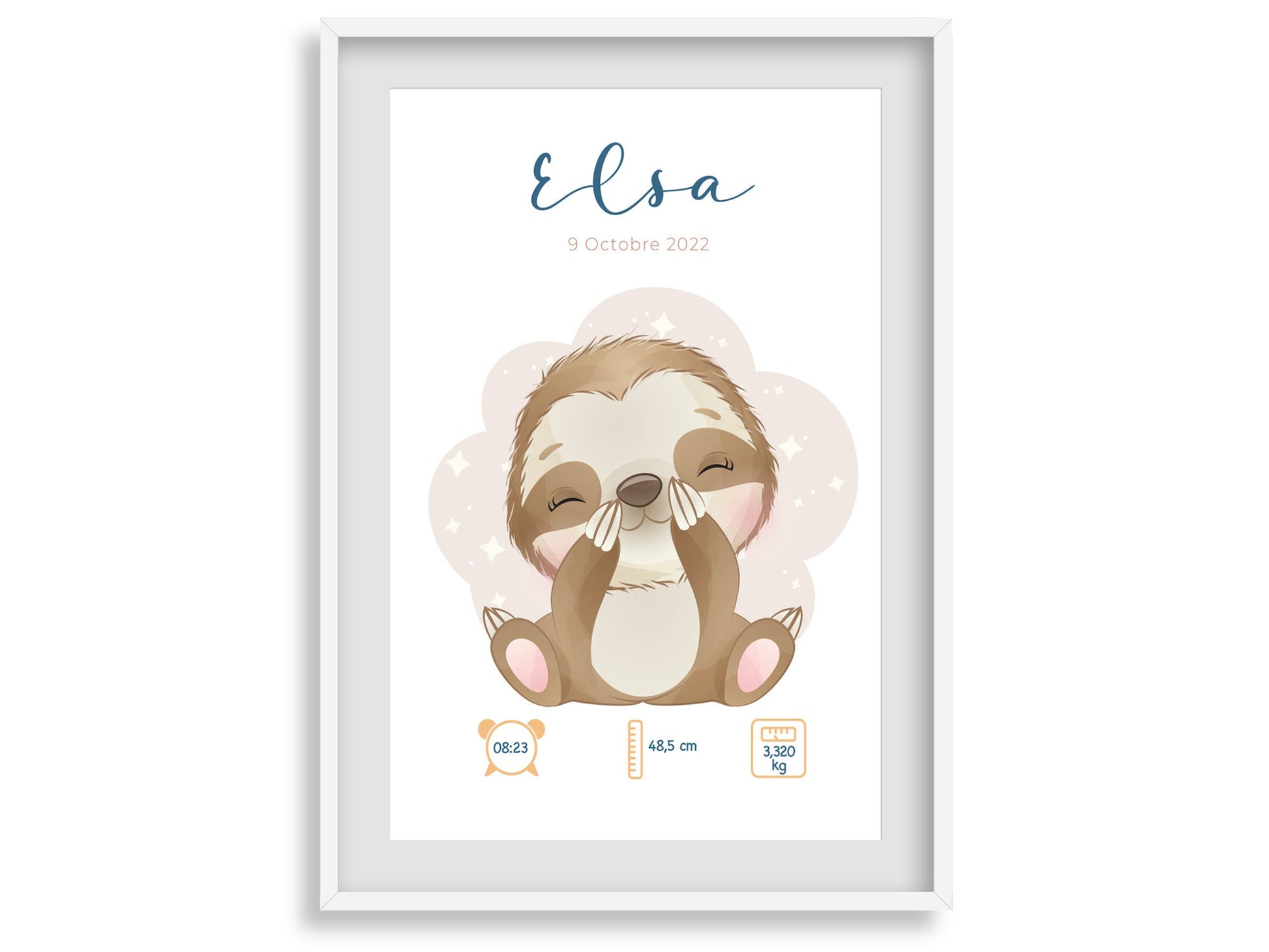Affiche naissance personnalisée – Poster bébé « Sloth » – prénom, date, poids & taille – cadeau naissance chambre – illustration paresseux