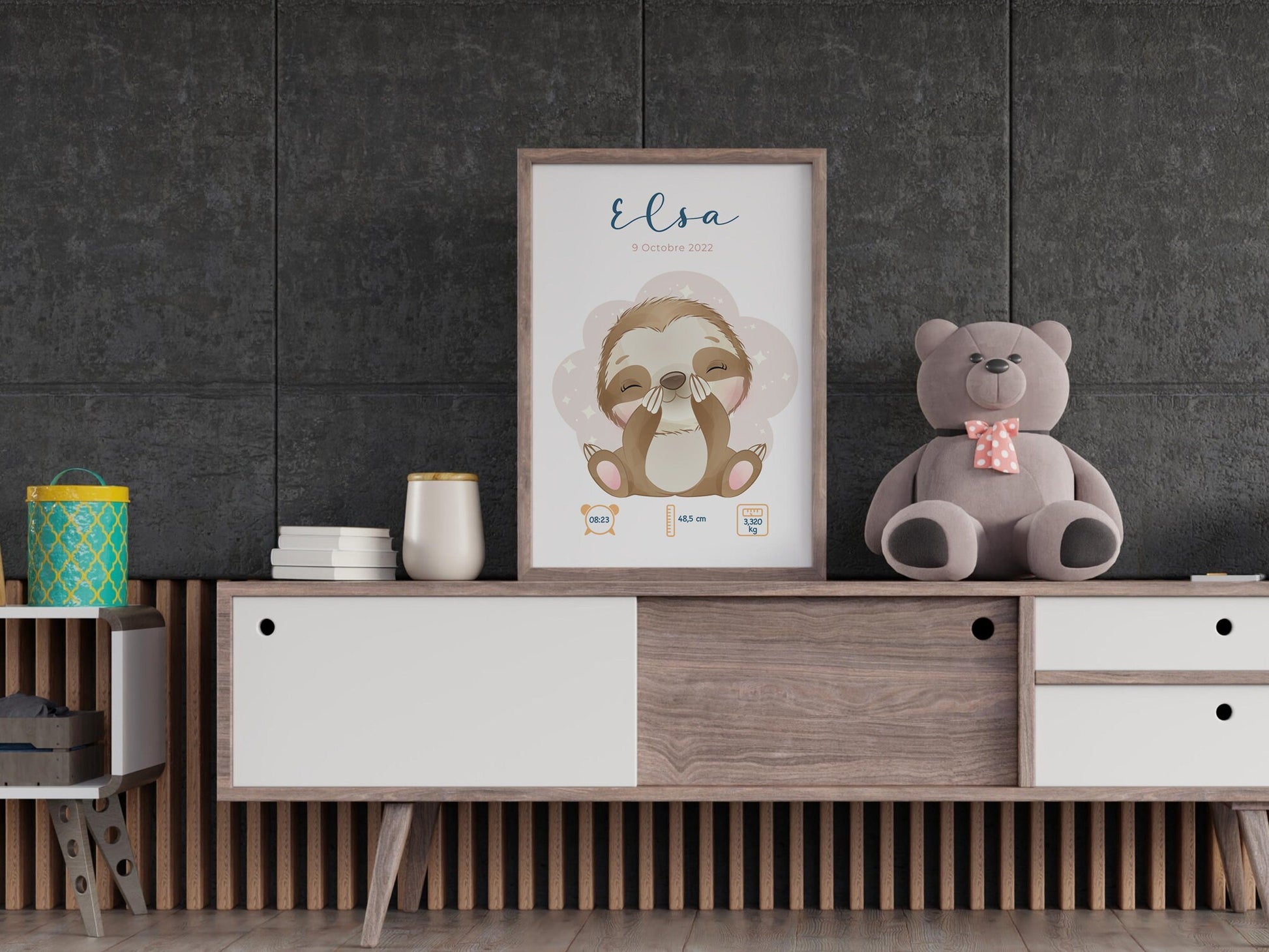 Affiche naissance personnalisée – Poster bébé « Sloth » – prénom, date, poids & taille – cadeau naissance chambre – illustration paresseux