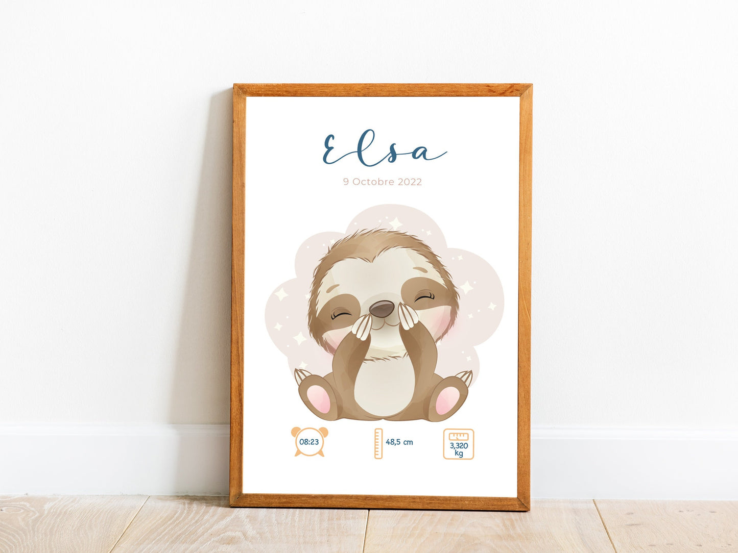 Affiche naissance personnalisée – Poster bébé « Sloth » – prénom, date, poids & taille – cadeau naissance chambre – illustration paresseux