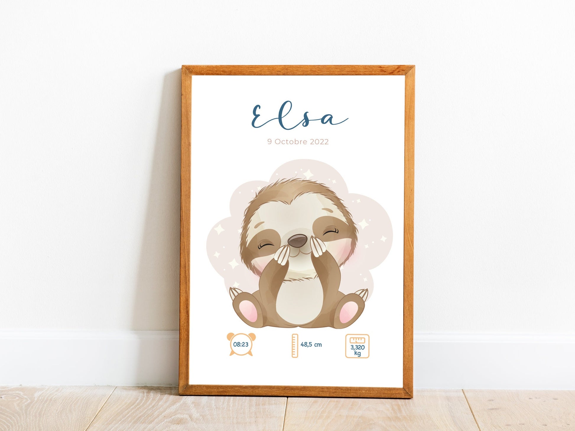 Affiche naissance personnalisée – Poster bébé « Sloth » – prénom, date, poids & taille – cadeau naissance chambre – illustration paresseux