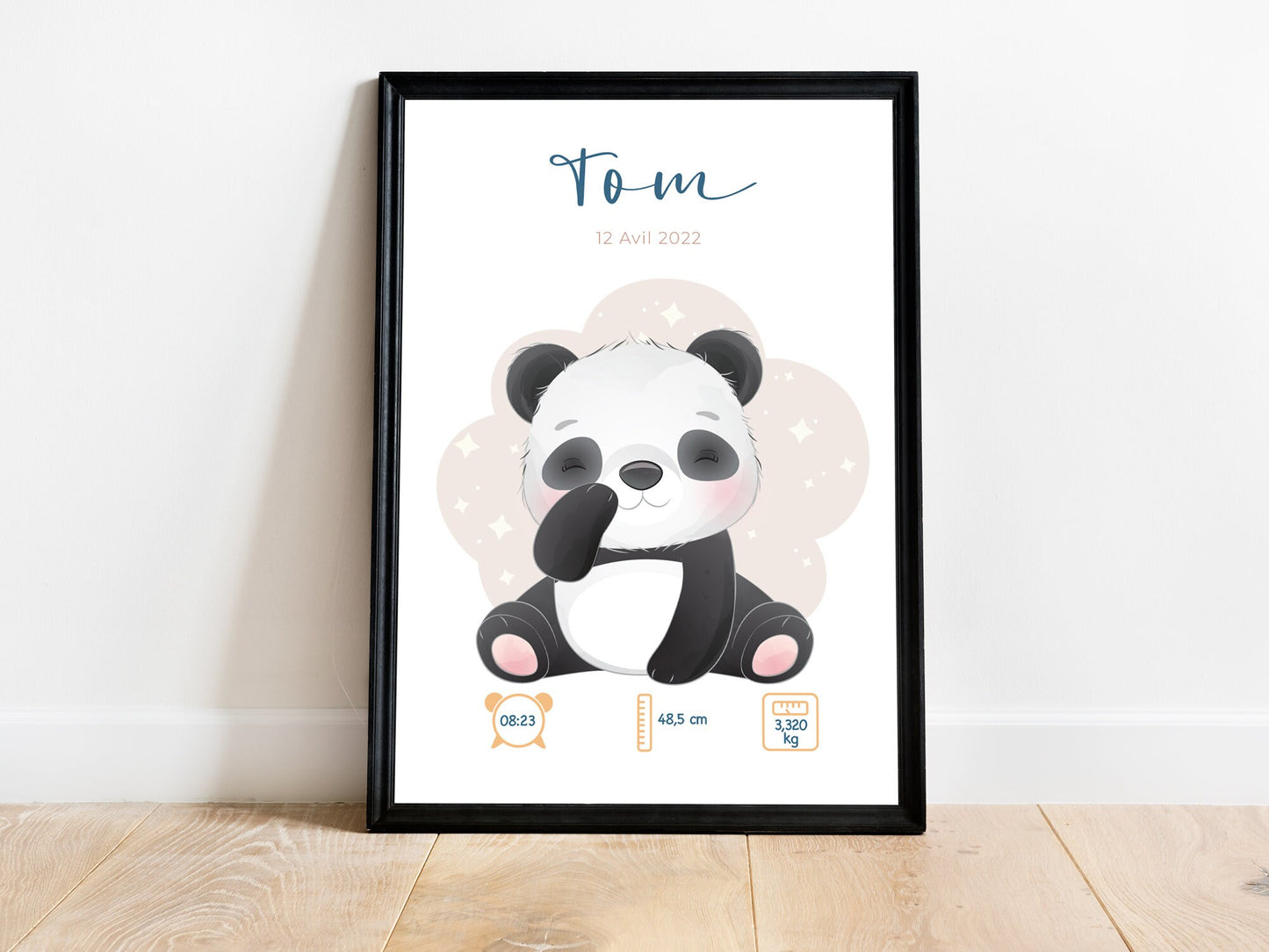 Affiche de naissance personnalisée "Panda" - Affiche bébé souvenir - Prénom, poids, taille et heure - Cadeau naissance anniversaire bebe