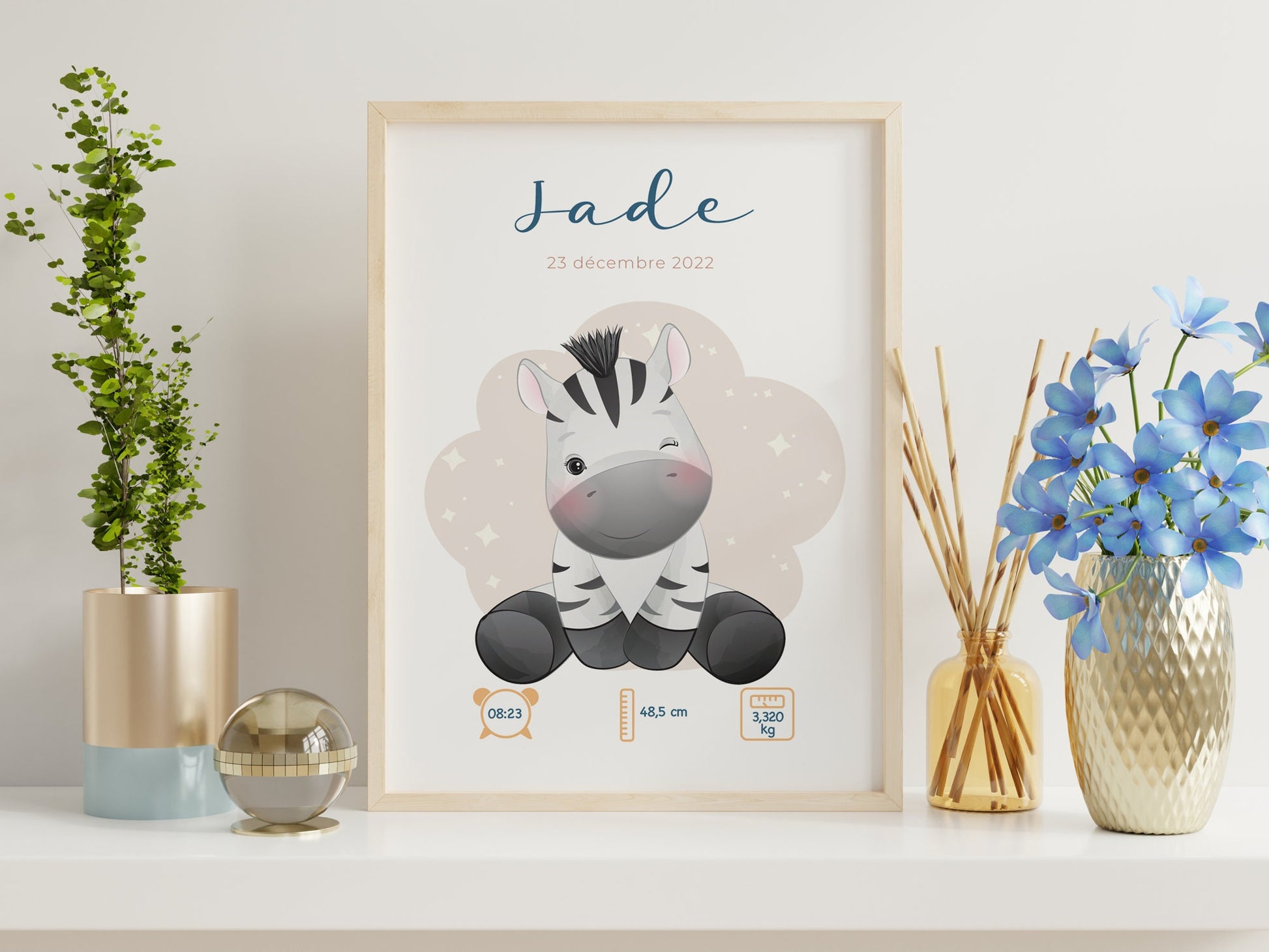 Affiche de naissance personnalisée "Zèbre" - Affiche bébé souvenir - Prénom, poids, taille et heure - Cadeau naissance anniversaire bebe