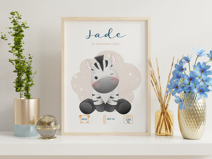 Affiche de naissance personnalisée "Zèbre" - Affiche bébé souvenir - Prénom, poids, taille et heure - Cadeau naissance anniversaire bebe