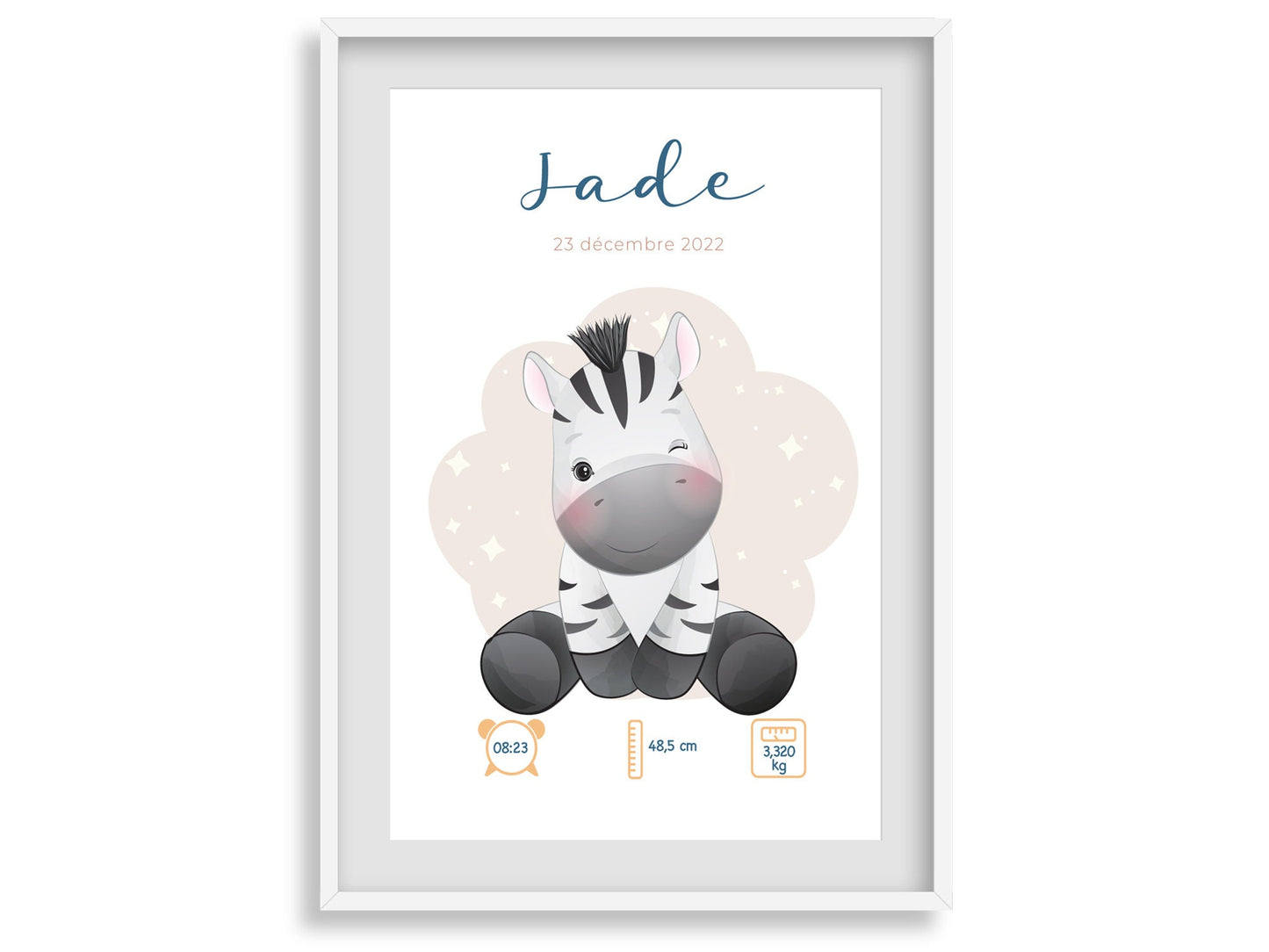 Affiche de naissance personnalisée "Zèbre" - Affiche bébé souvenir - Prénom, poids, taille et heure - Cadeau naissance anniversaire bebe