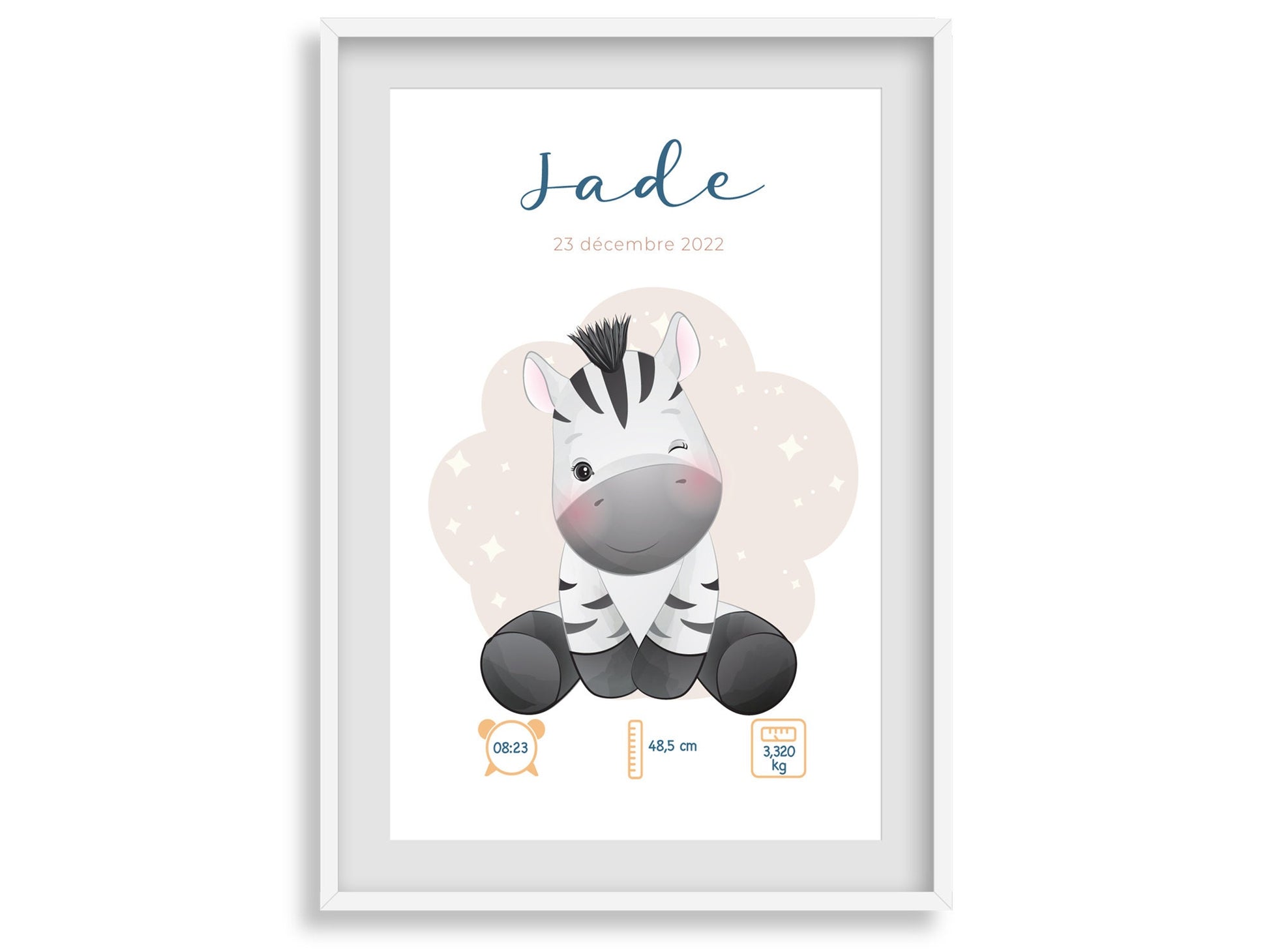 Affiche de naissance personnalisée "Zèbre" - Affiche bébé souvenir - Prénom, poids, taille et heure - Cadeau naissance anniversaire bebe