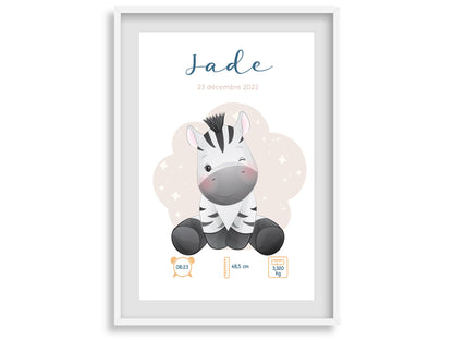 Affiche de naissance personnalisée "Zèbre" - Affiche bébé souvenir - Prénom, poids, taille et heure - Cadeau naissance anniversaire bebe