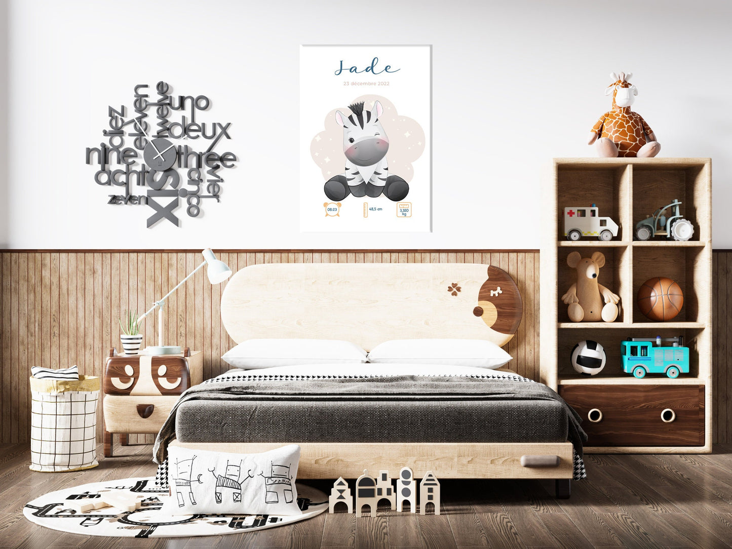 Affiche de naissance personnalisée "Zèbre" - Affiche bébé souvenir - Prénom, poids, taille et heure - Cadeau naissance anniversaire bebe
