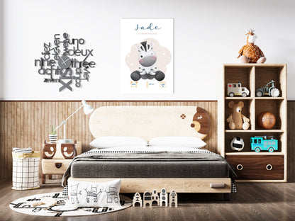 Affiche de naissance personnalisée "Zèbre" - Affiche bébé souvenir - Prénom, poids, taille et heure - Cadeau naissance anniversaire bebe