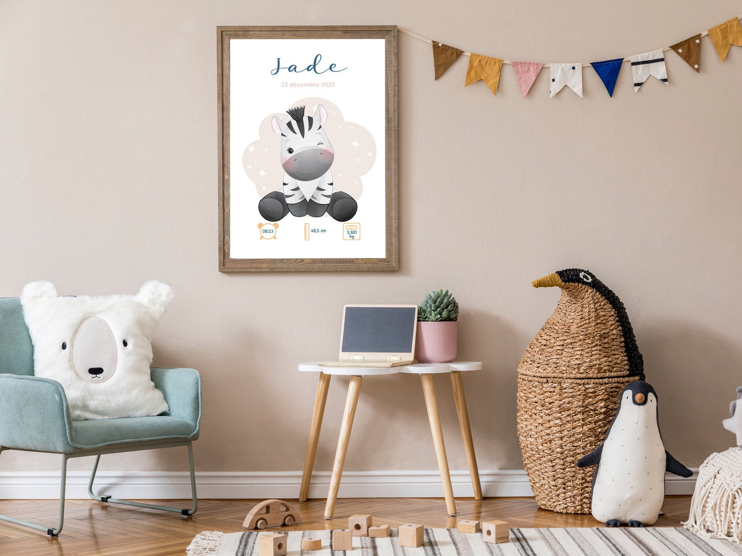 Affiche de naissance personnalisée "Zèbre" - Affiche bébé souvenir - Prénom, poids, taille et heure - Cadeau naissance anniversaire bebe