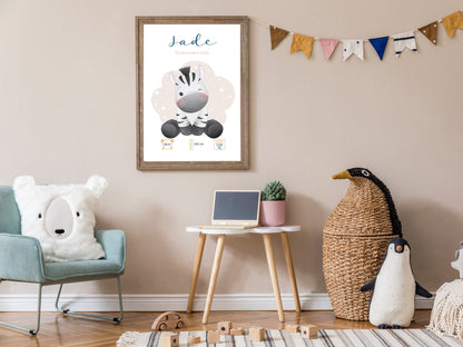 Affiche de naissance personnalisée "Zèbre" - Affiche bébé souvenir - Prénom, poids, taille et heure - Cadeau naissance anniversaire bebe