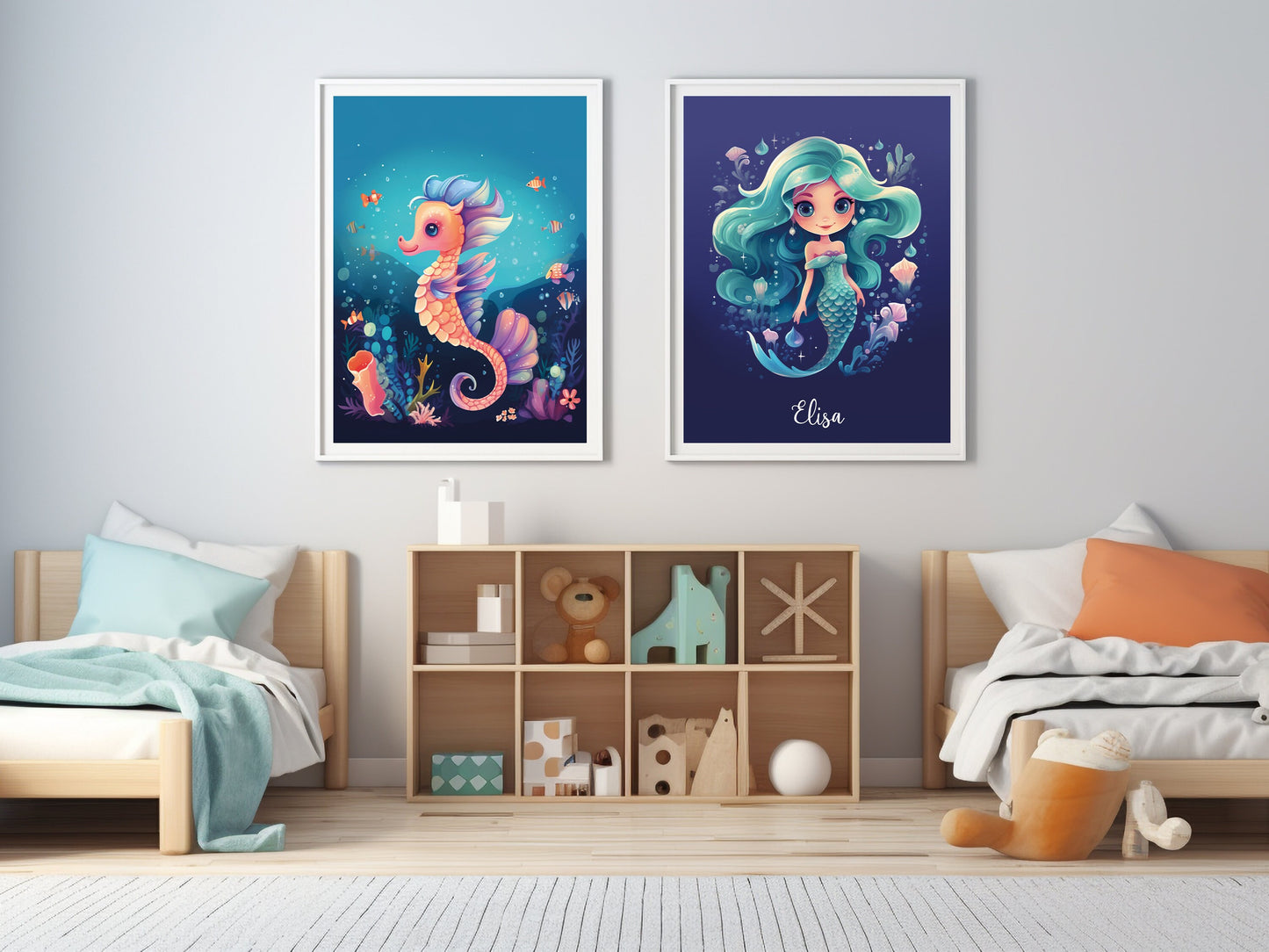 Deux affiches "Sirène et hippocampe" pour petite fille avec personnalisation avec prénom de l'enfant