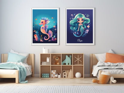 Deux affiches "Sirène et hippocampe" pour petite fille avec personnalisation avec prénom de l'enfant