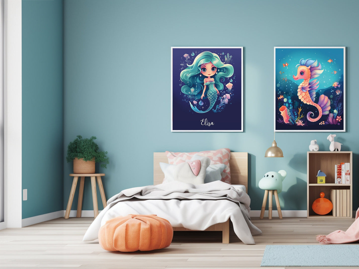 Deux affiches "Sirène et hippocampe" pour petite fille avec personnalisation avec prénom de l'enfant