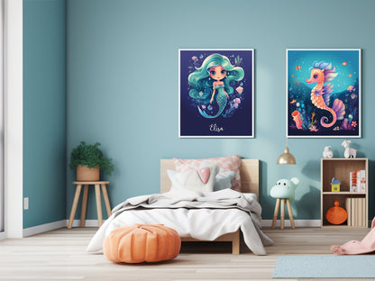 Deux affiches "Sirène et hippocampe" pour petite fille avec personnalisation avec prénom de l'enfant