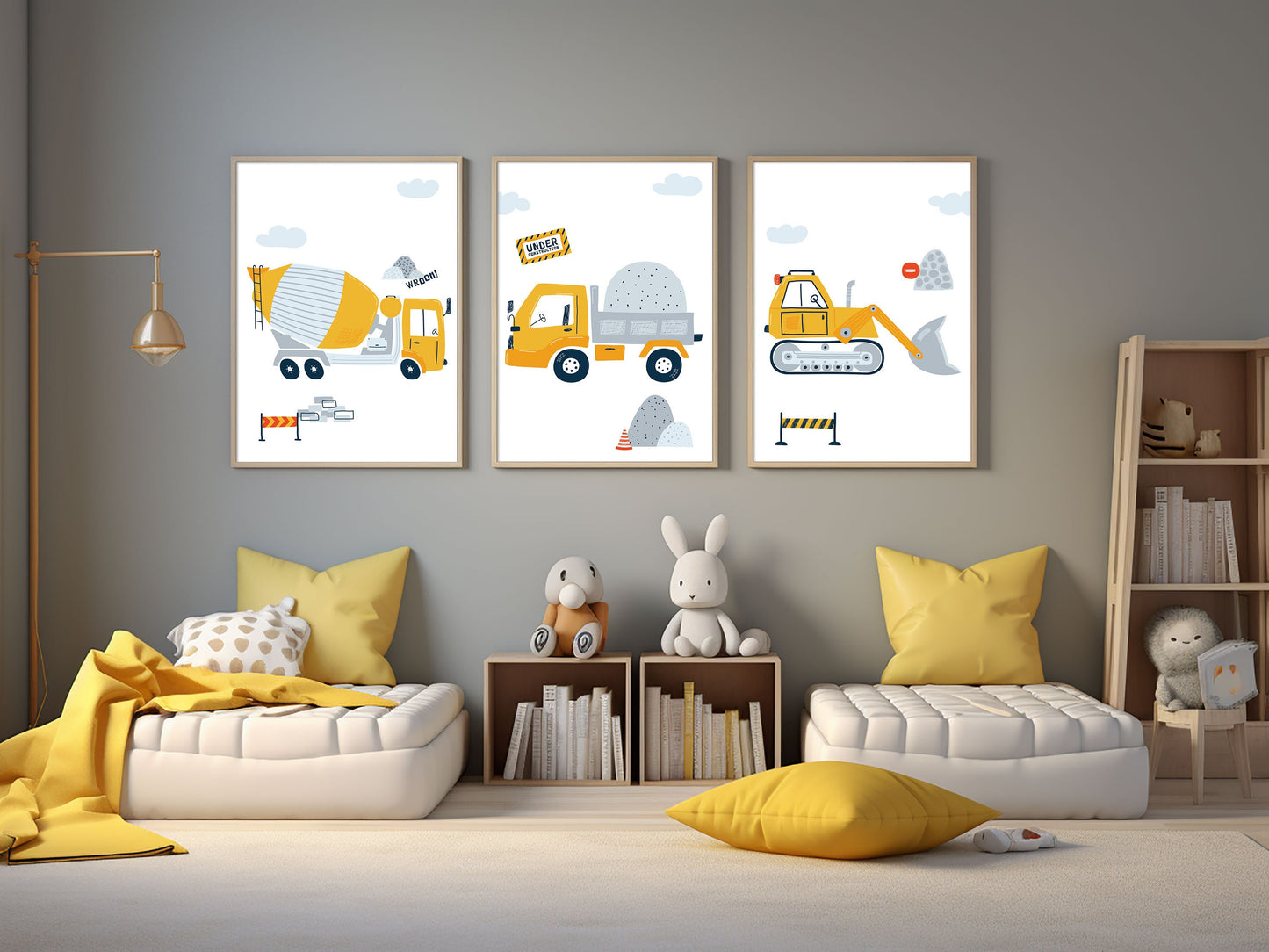 3 affiches pour enfant Chantier pelleteuse camion benne camion toupie pour déco chambre bébé thème travaux