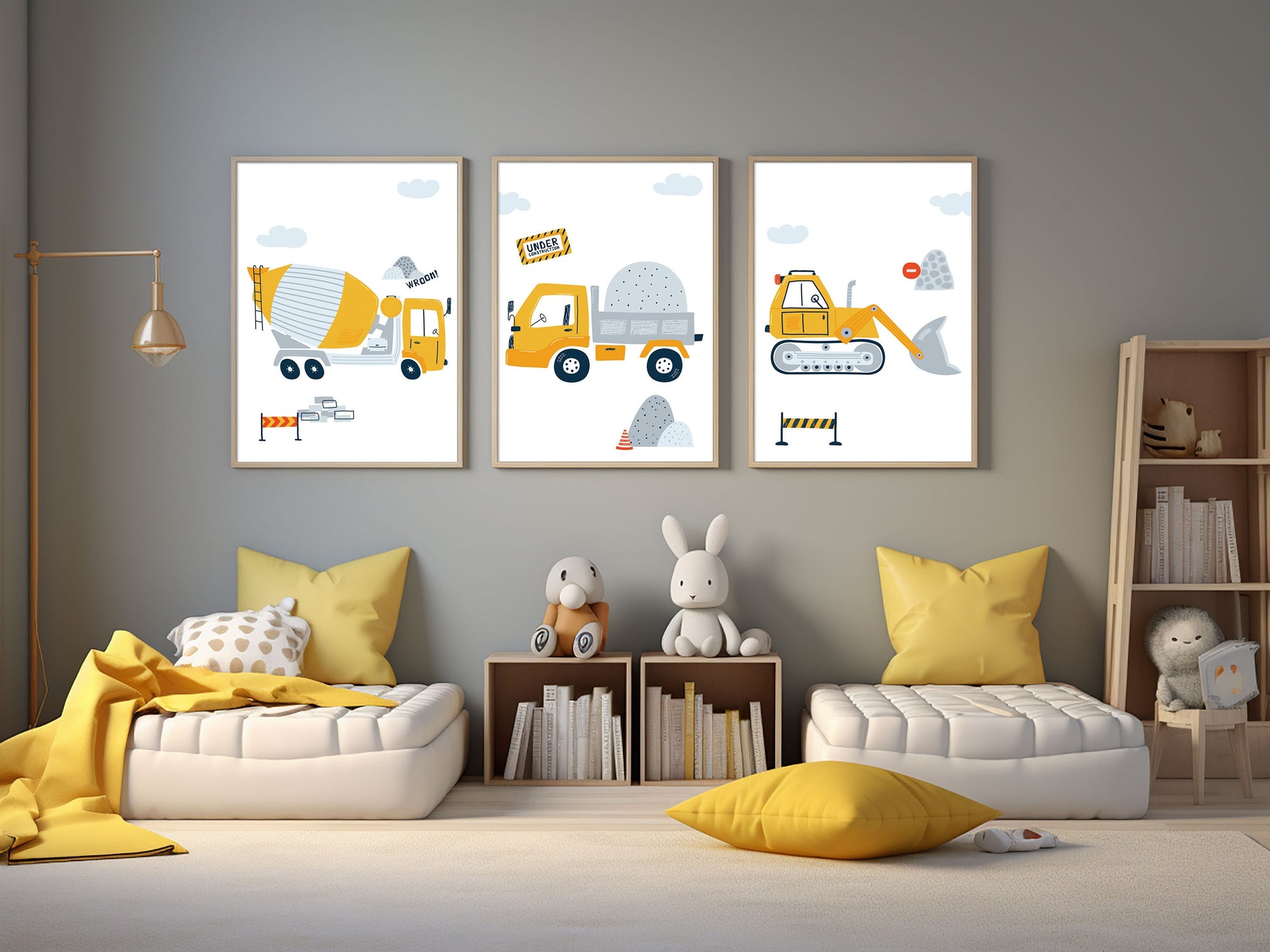 3 affiches pour enfant Chantier pelleteuse camion benne camion toupie pour déco chambre bébé thème travaux