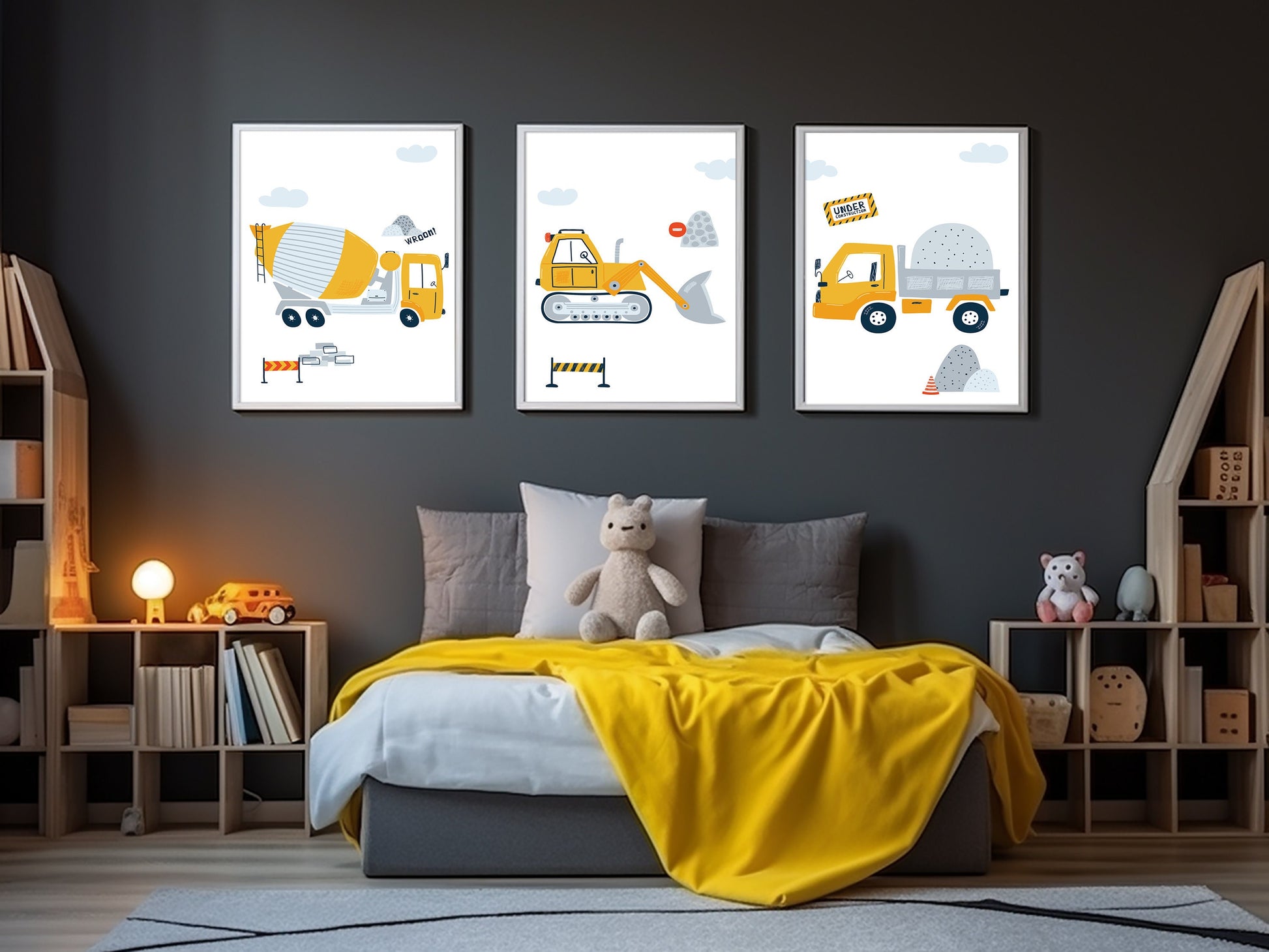 3 affiches pour enfant Chantier pelleteuse camion benne camion toupie pour déco chambre bébé thème travaux