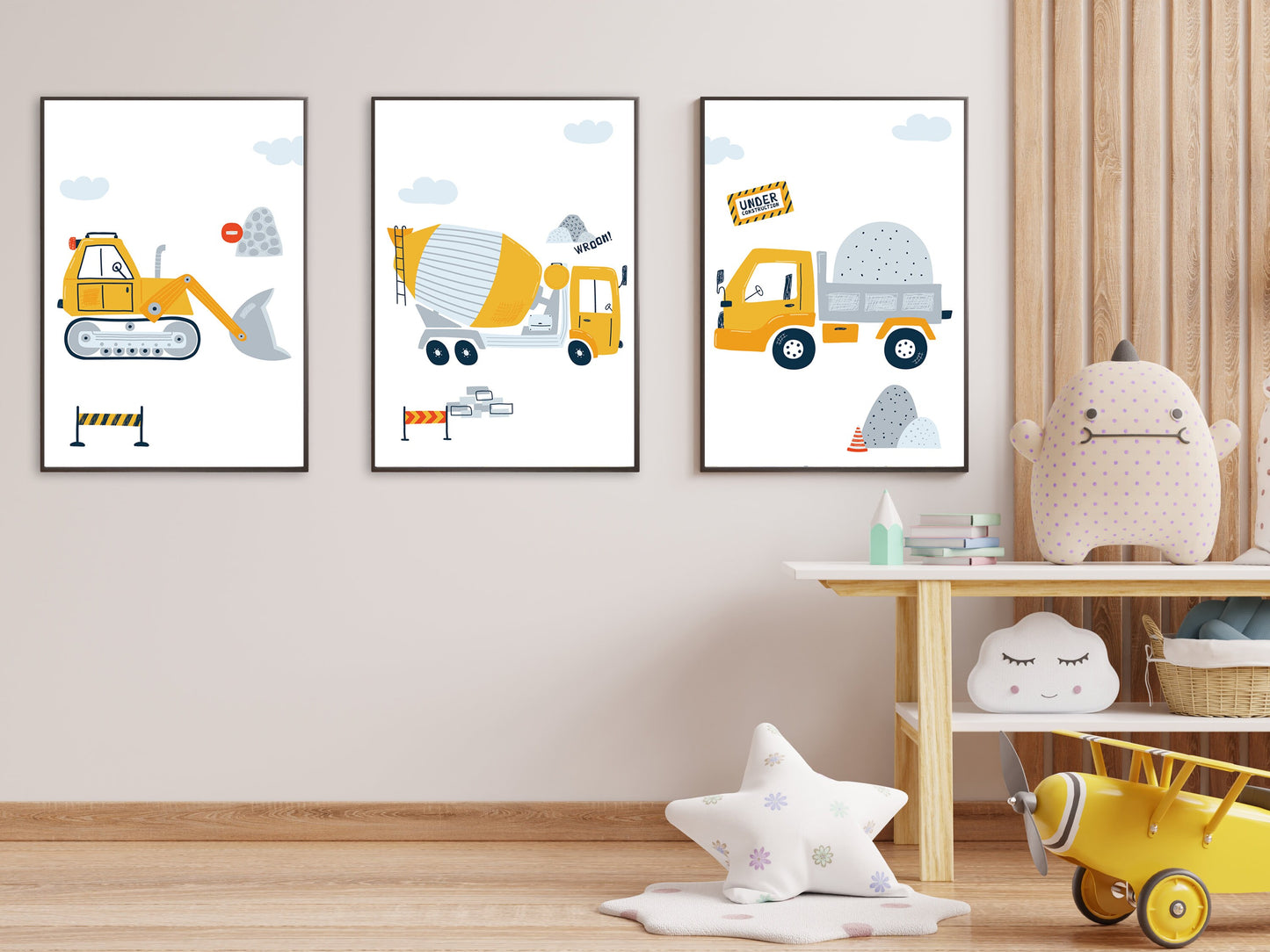 3 affiches pour enfant Chantier pelleteuse camion benne camion toupie pour déco chambre bébé thème travaux