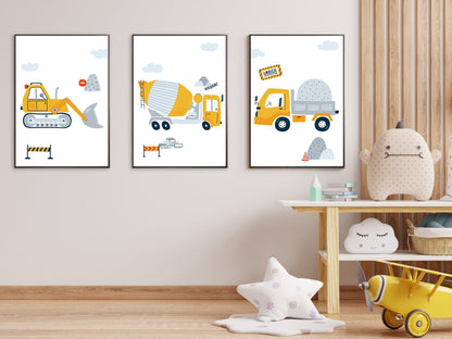 3 affiches pour enfant Chantier pelleteuse camion benne camion toupie pour déco chambre bébé thème travaux