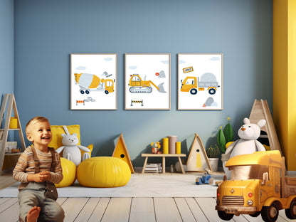 3 affiches pour enfant Chantier pelleteuse camion benne camion toupie pour déco chambre bébé thème travaux