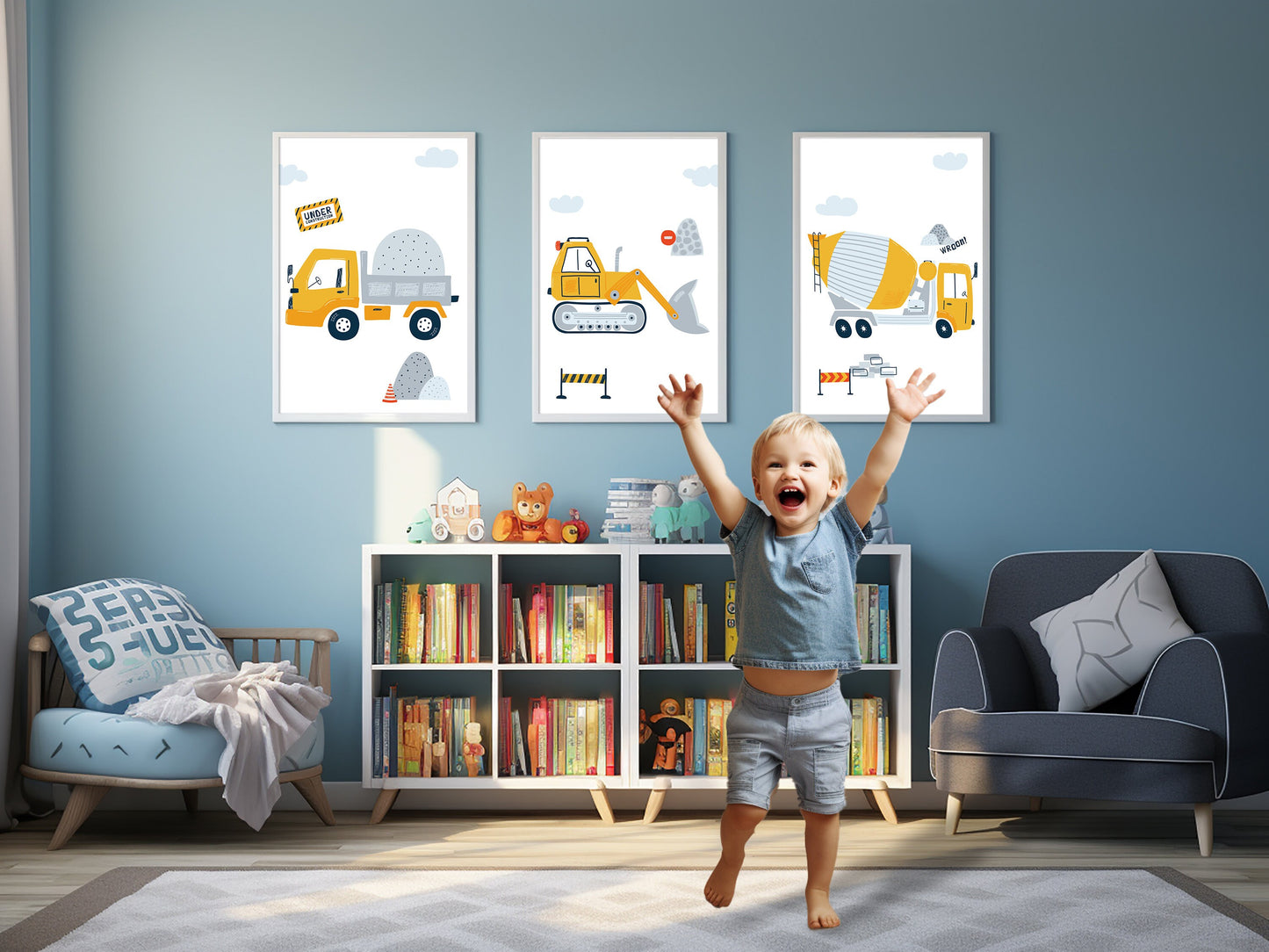3 affiches pour enfant Chantier pelleteuse camion benne camion toupie pour déco chambre bébé thème travaux