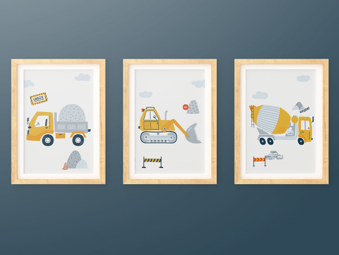 3 affiches pour enfant Chantier pelleteuse camion benne camion toupie pour déco chambre bébé thème travaux