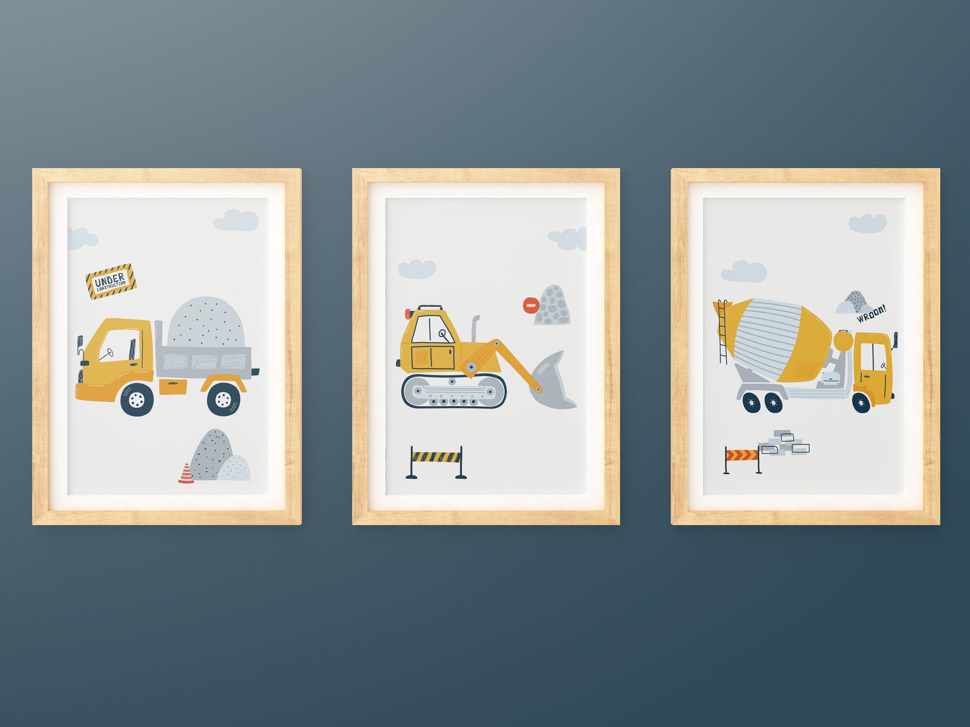 3 affiches pour enfant Chantier pelleteuse camion benne camion toupie pour déco chambre bébé thème travaux