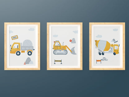 3 affiches pour enfant Chantier pelleteuse camion benne camion toupie pour déco chambre bébé thème travaux