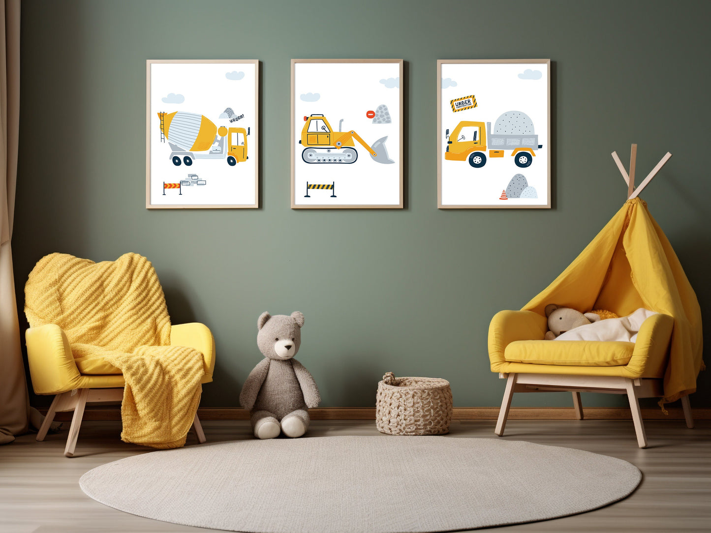 3 affiches pour enfant Chantier pelleteuse camion benne camion toupie pour déco chambre bébé thème travaux