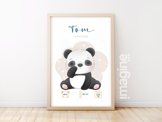 Affiche de naissance personnalisée "Panda" - Affiche bébé souvenir - Prénom, poids, taille et heure - Cadeau naissance anniversaire bebe