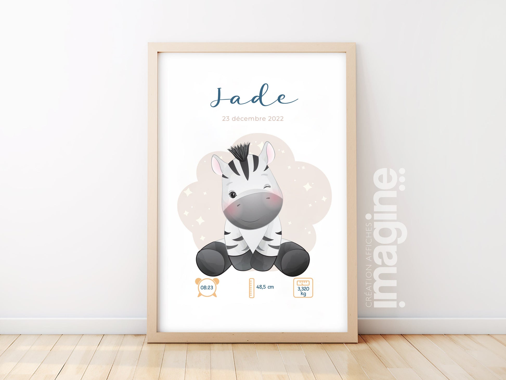 Affiche de naissance personnalisée "Zèbre" - Affiche bébé souvenir - Prénom, poids, taille et heure - Cadeau naissance anniversaire bebe