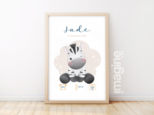 Affiche de naissance personnalisée "Zèbre" - Affiche bébé souvenir - Prénom, poids, taille et heure - Cadeau naissance anniversaire bebe