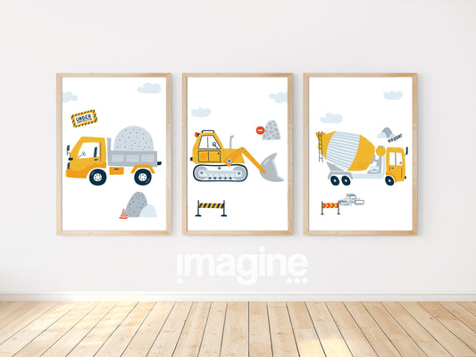 3 affiches pour enfant Chantier pelleteuse camion benne camion toupie pour déco chambre bébé thème travaux