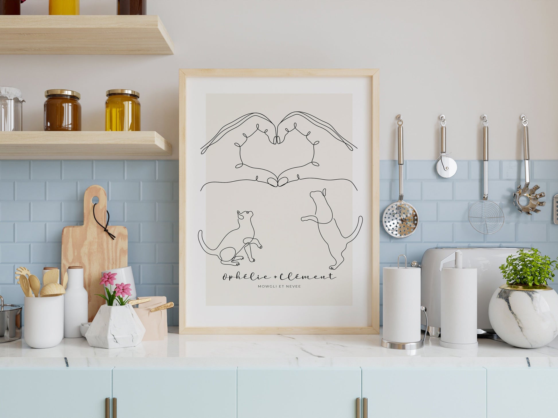 Affiche famille avec deux chats - cadeau idéal parents, couple