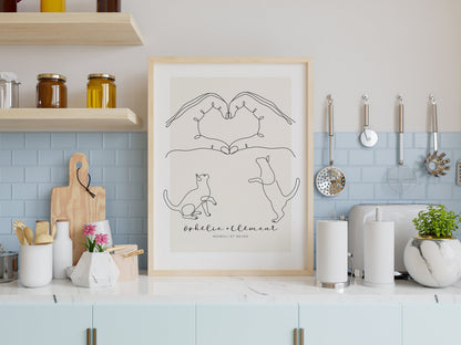 Affiche famille avec deux chats - cadeau idéal parents, couple