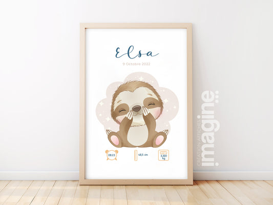 Affiche naissance personnalisée – Poster bébé « Sloth » – prénom, date, poids & taille – cadeau naissance chambre – illustration paresseux