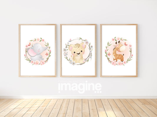 Set de 3 Posters Animaux de la Savane - Éléphant, Léopard, Girafe - affiches enfant animaux mignons
