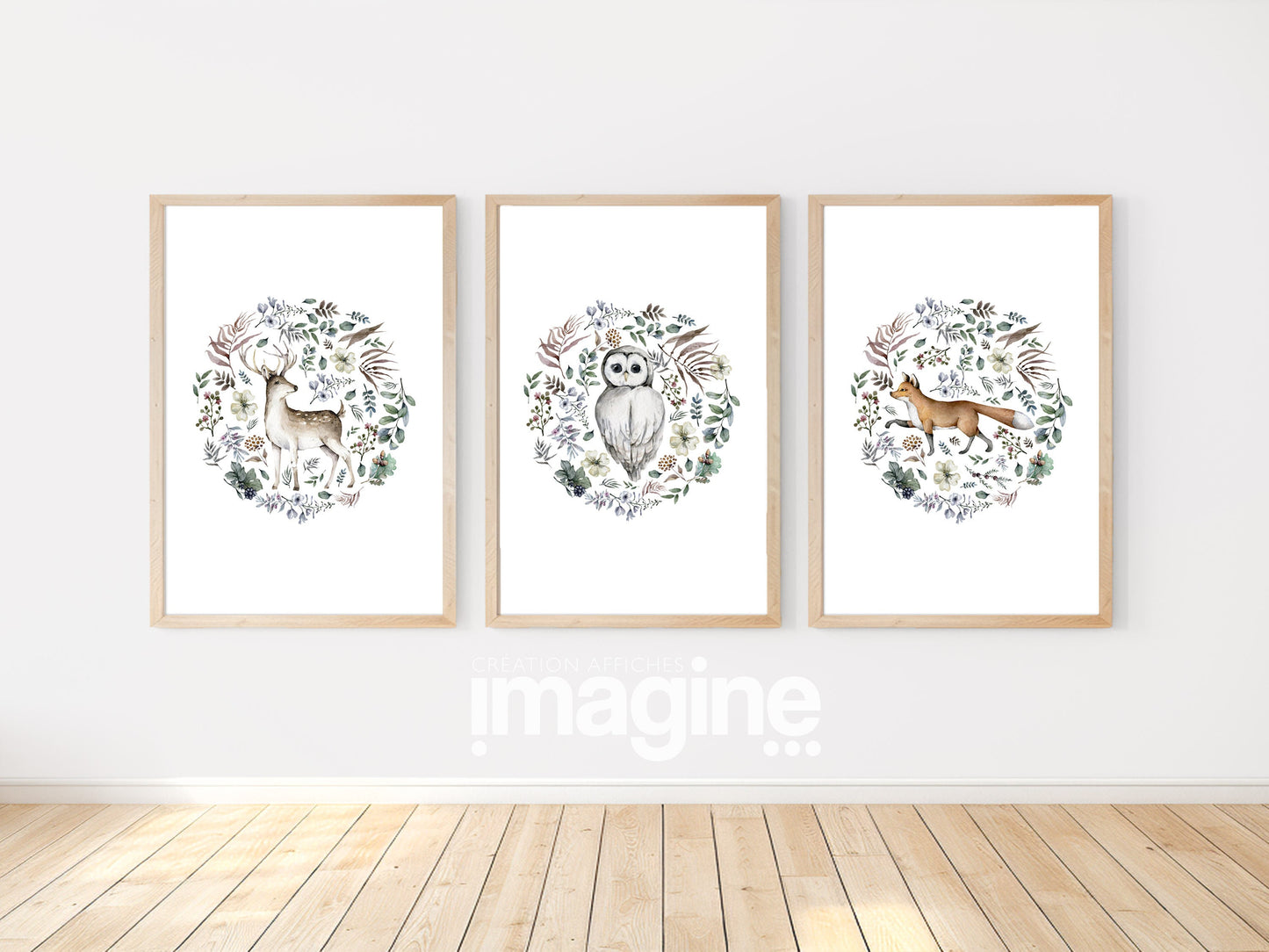 Affiche illustration forêt sur le thème de la Nature et la forêt avec fleurs et feuilles en rond style épuré pour décoration chambre bébé