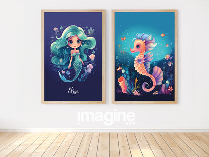 Deux affiches "Sirène et hippocampe" pour petite fille avec personnalisation avec prénom de l'enfant