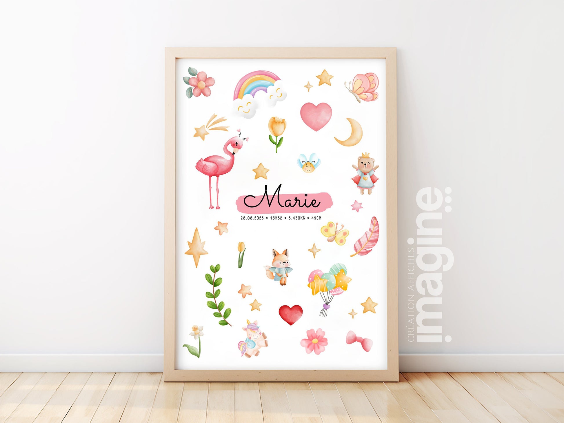 Affiche personnalisée prénom bébé – Poster princesse & animaux mignons – Décoration chambre enfant – Cadeau naissance, anniversaire, Noël